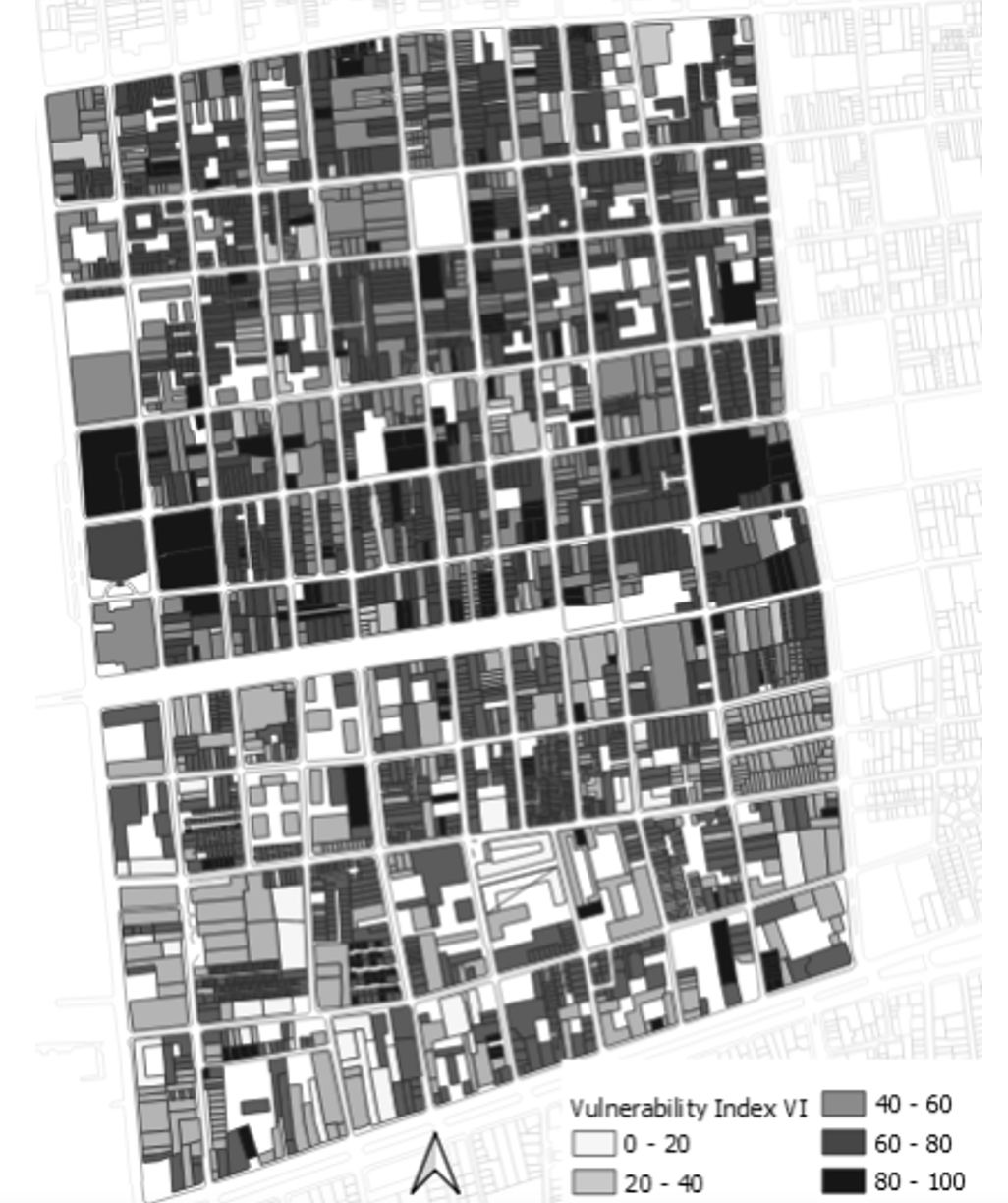 Distribución del índice de vulnerabilidad VI. Fuente: elaboración propia mediante la aplicación open source Qgis, 2023